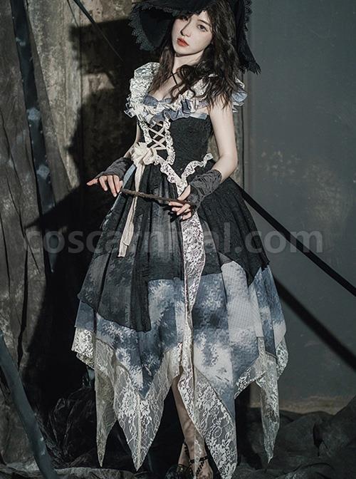 Elegant Lace Stitching Halter Lace-Up Irregular 3.8m Oversized Hem Design Gothic Lolita Sleeveless Dress coscarnival