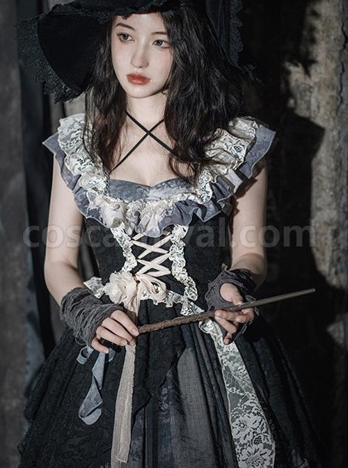 Elegant Lace Stitching Halter Lace-Up Irregular 3.8m Oversized Hem Design Gothic Lolita Sleeveless Dress coscarnival