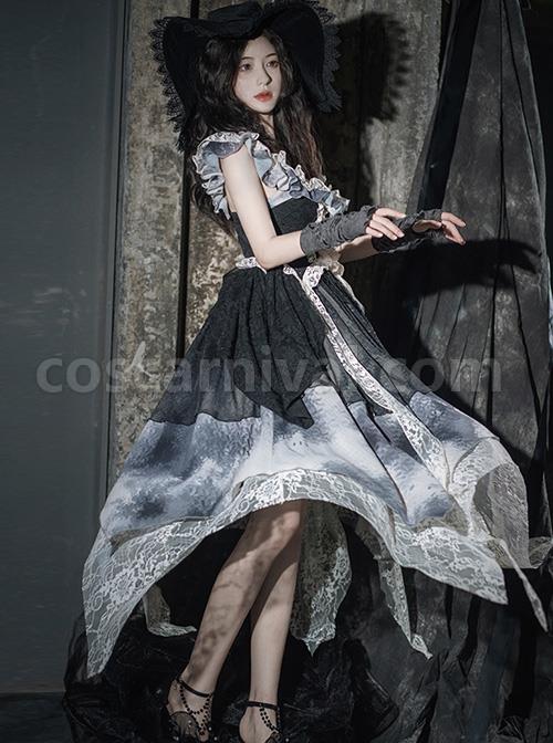 Elegant Lace Stitching Halter Lace-Up Irregular 3.8m Oversized Hem Design Gothic Lolita Sleeveless Dress coscarnival