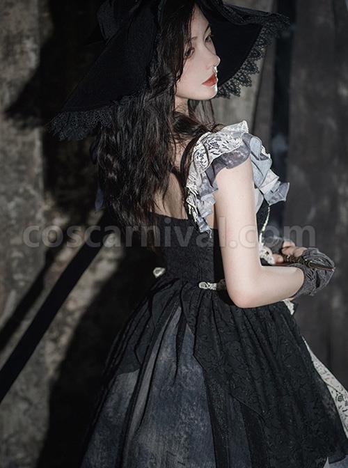 Elegant Lace Stitching Halter Lace-Up Irregular 3.8m Oversized Hem Design Gothic Lolita Sleeveless Dress coscarnival
