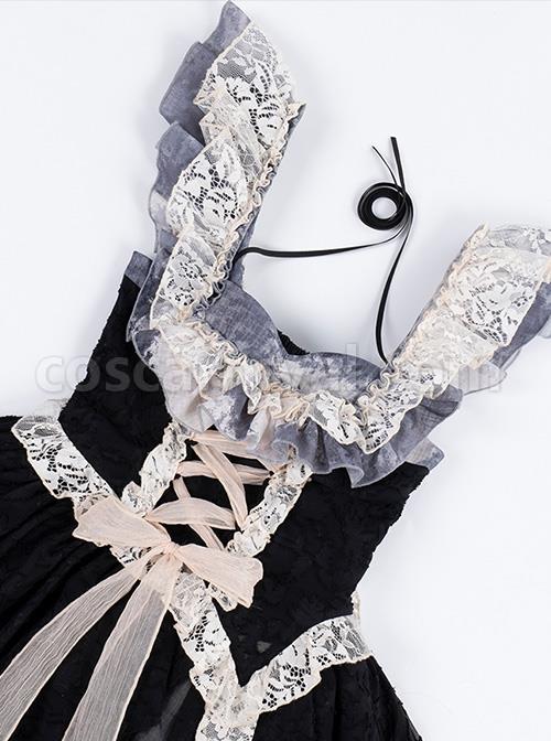 Elegant Lace Stitching Halter Lace-Up Irregular 3.8m Oversized Hem Design Gothic Lolita Sleeveless Dress coscarnival