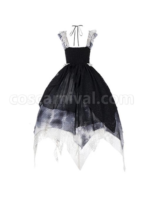 Elegant Lace Stitching Halter Lace-Up Irregular 3.8m Oversized Hem Design Gothic Lolita Sleeveless Dress coscarnival