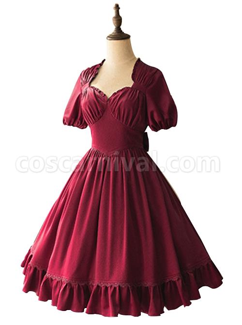 Elegant-Satin-Lace-Lace-Collar-Tunic-Slim-Fit-Multicolor-Puff-Short-Sleeve-Bow-Belt-Classic-Lolita-Dress-coscarnival-2903