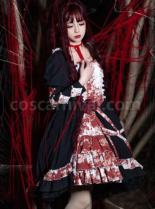 Elegant Small Square Collar Detachable Rose Ornament Pearl Bubble Long Sleeve Front Short Back Long Gothic Lolita Dress coscarnival