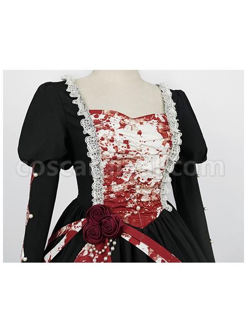 Elegant Small Square Collar Detachable Rose Ornament Pearl Bubble Long Sleeve Front Short Back Long Gothic Lolita Dress coscarnival