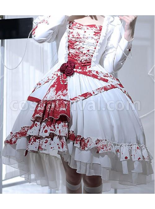 Elegant Small Square Collar Detachable Rose Ornament Pearl Bubble Long Sleeve Front Short Back Long Gothic Lolita Dress coscarnival