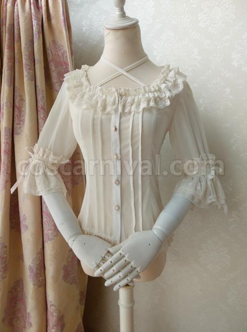 Elegant Square Neck Lacing All-Match Lace Chiffon Classic Lolita Half-Sleeved Shirt coscarnival