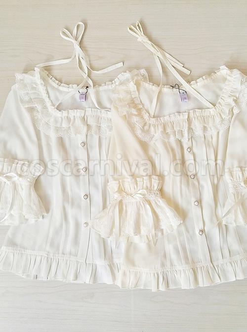 Elegant Square Neck Lacing All-Match Lace Chiffon Classic Lolita Half-Sleeved Shirt