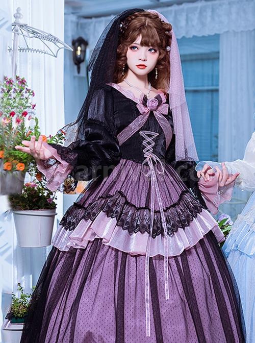 Elegant-Two-Color-Autumn-Flower-Bow-Knot-Decorate-Lace-Lantern-Sleeve-Petal-Hem-Classic-Lolita-Long-Sleeve-Dress-coscarnival-2894