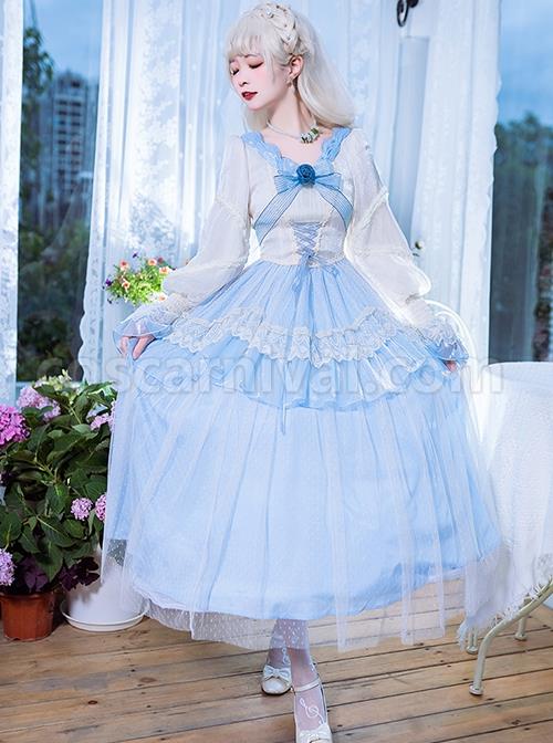 Elegant-Two-Color-Autumn-Flower-Bow-Knot-Decorate-Lace-Lantern-Sleeve-Petal-Hem-Classic-Lolita-Long-Sleeve-Dress-coscarnival-2907