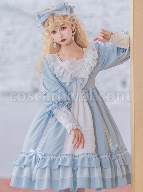 Elegant-V-Neck-Lace-Lantern-Sleeve-Lace-Up-Bow-Knot-Decoration-Classic-Lolita-Long-Sleeve-Dress-coscarnival-2876