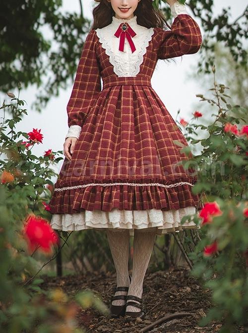 Elegant-Vintage-Check-Woolen-Fabric-Ruched-Ruffled-Lace-Trim-White-Lace-Jacquard-V-Neckline-Classic-Lolita-Long-Sleeve-Dress-coscarnival-1297
