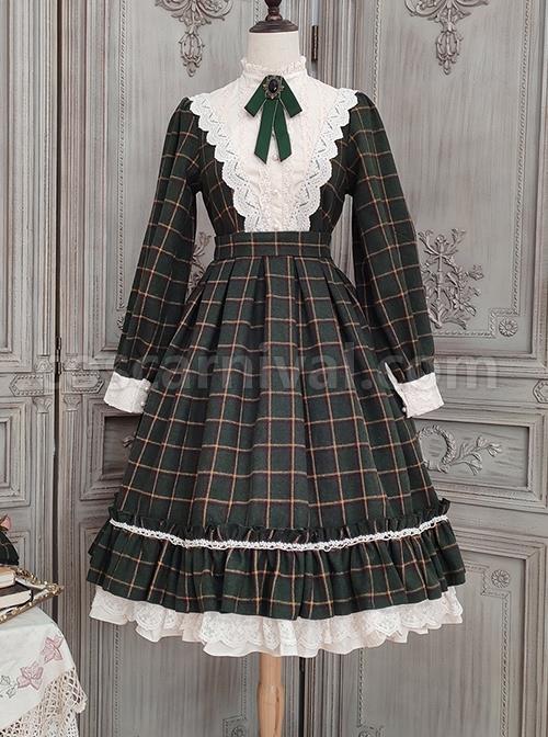 Elegant-Vintage-Check-Woolen-Fabric-Ruched-Ruffled-Lace-Trim-White-Lace-Jacquard-V-Neckline-Classic-Lolita-Long-Sleeve-Dress-coscarnival-1326