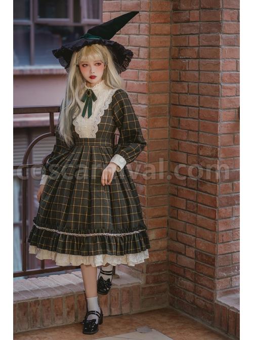 Elegant-Vintage-Check-Woolen-Fabric-Ruched-Ruffled-Lace-Trim-White-Lace-Jacquard-V-Neckline-Classic-Lolita-Long-Sleeve-Dress-coscarnival-1354
