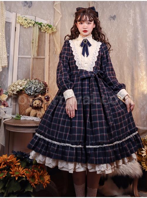 Elegant-Vintage-Check-Woolen-Fabric-Ruched-Ruffled-Lace-Trim-White-Lace-Jacquard-V-Neckline-Classic-Lolita-Long-Sleeve-Dress-coscarnival-1362