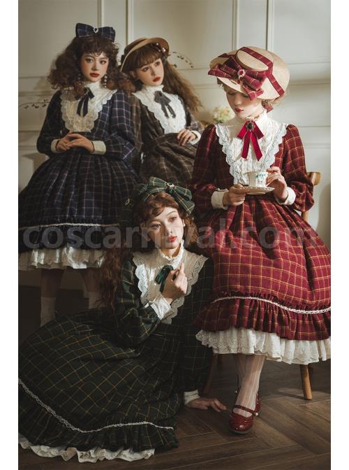 Elegant-Vintage-Check-Woolen-Fabric-Ruched-Ruffled-Lace-Trim-White-Lace-Jacquard-V-Neckline-Classic-Lolita-Long-Sleeve-Dress-coscarnival-1368