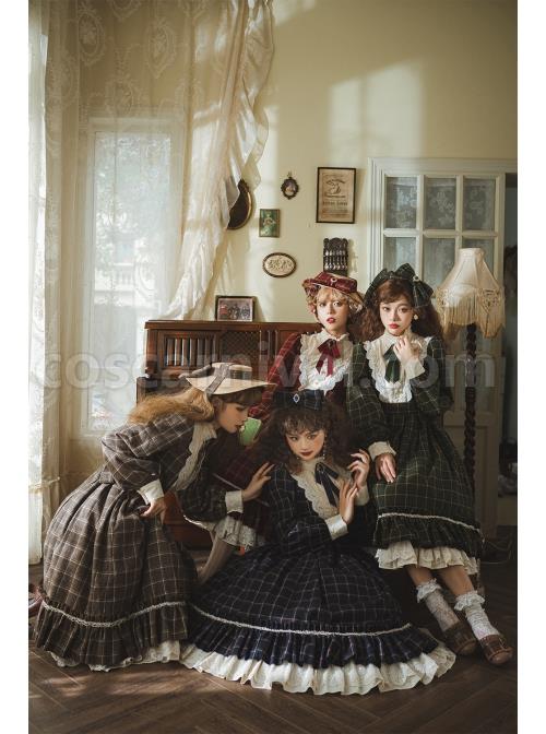 Elegant-Vintage-Check-Woolen-Fabric-Ruched-Ruffled-Lace-Trim-White-Lace-Jacquard-V-Neckline-Classic-Lolita-Long-Sleeve-Dress-coscarnival-1373