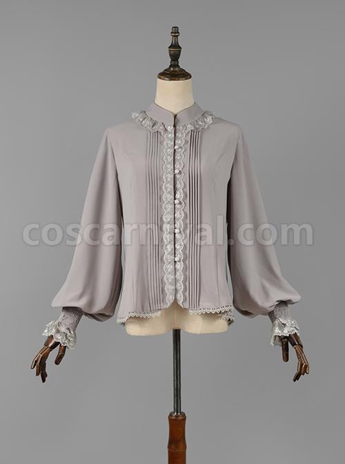 Elegant Vintage Pleated Lace Neckline Design Jacquard Lace Cuff Trim Classic Lolita Long Sleeve Chiffon Blouse coscarnival