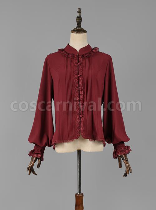 Elegant Vintage Pleated Lace Neckline Design Jacquard Lace Cuff Trim Classic Lolita Long Sleeve Chiffon Blouse coscarnival