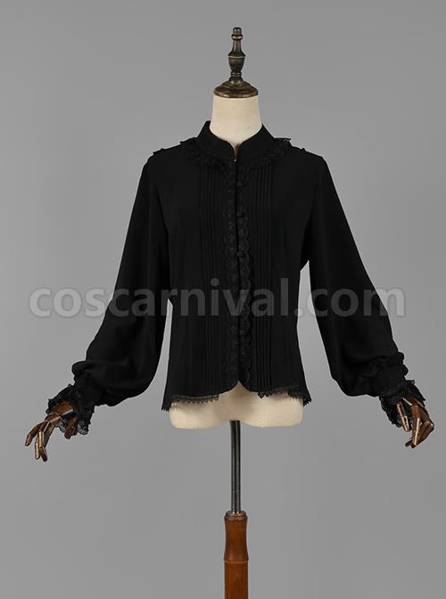 Elegant Vintage Pleated Lace Neckline Design Jacquard Lace Cuff Trim Classic Lolita Long Sleeve Chiffon Blouse coscarnival
