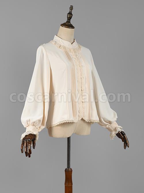 Elegant Vintage Pleated Lace Neckline Design Jacquard Lace Cuff Trim Classic Lolita Long Sleeve Chiffon Blouse coscarnival