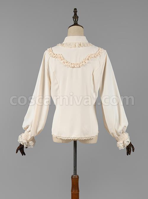 Elegant Vintage Pleated Lace Neckline Design Jacquard Lace Cuff Trim Classic Lolita Long Sleeve Chiffon Blouse coscarnival