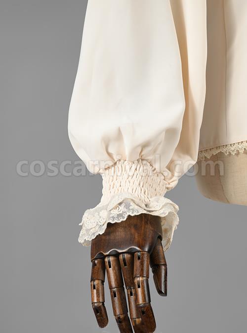 Elegant Vintage Pleated Lace Neckline Design Jacquard Lace Cuff Trim Classic Lolita Long Sleeve Chiffon Blouse coscarnival