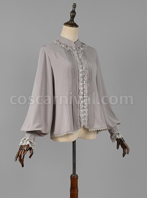 Elegant Vintage Pleated Lace Neckline Design Jacquard Lace Cuff Trim Classic Lolita Long Sleeve Chiffon Blouse coscarnival