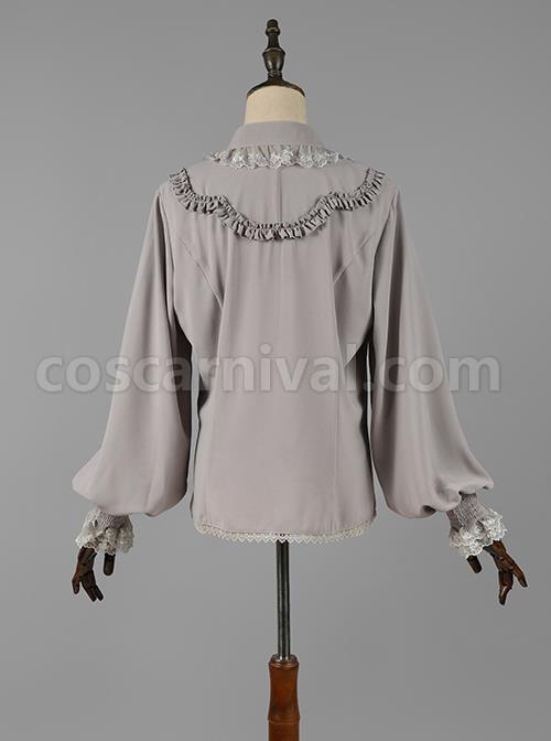Elegant Vintage Pleated Lace Neckline Design Jacquard Lace Cuff Trim Classic Lolita Long Sleeve Chiffon Blouse coscarnival