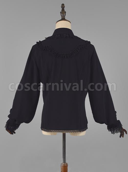 Elegant Vintage Pleated Lace Neckline Design Jacquard Lace Cuff Trim Classic Lolita Long Sleeve Chiffon Blouse coscarnival