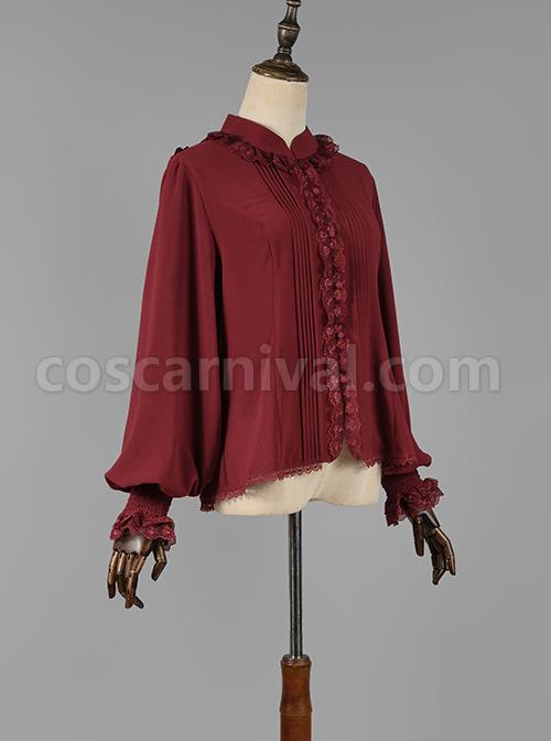 Elegant Vintage Pleated Lace Neckline Design Jacquard Lace Cuff Trim Classic Lolita Long Sleeve Chiffon Blouse coscarnival