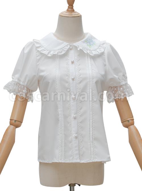 Evening Star Series White Cotton Embroidery Doll Collar Sweet Lolita Short Sleeve Shirt coscarnival