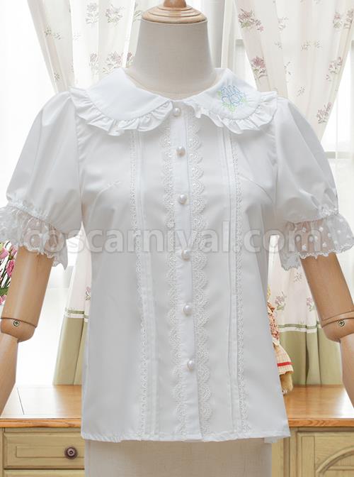 Evening Star Series White Cotton Embroidery Doll Collar Sweet Lolita Short Sleeve Shirt coscarnival