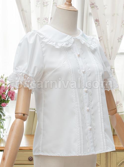 Evening Star Series White Cotton Embroidery Doll Collar Sweet Lolita Short Sleeve Shirt coscarnival