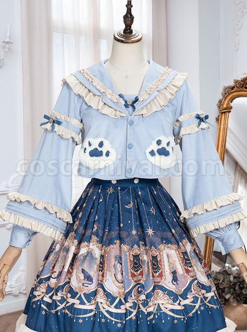 Explore The Stars Series Ruffle Blue Sweet Lolita Long Sleeve Cute Short Shirt coscarnival