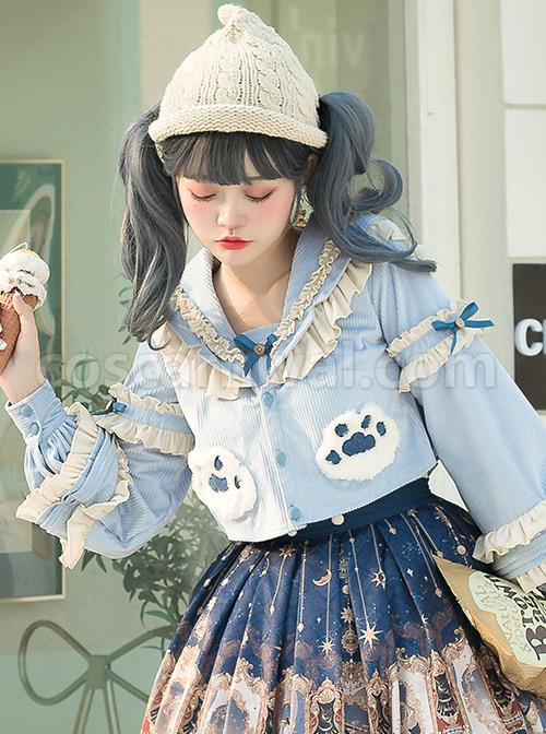 Explore The Stars Series Ruffle Blue Sweet Lolita Long Sleeve Cute Short Shirt coscarnival