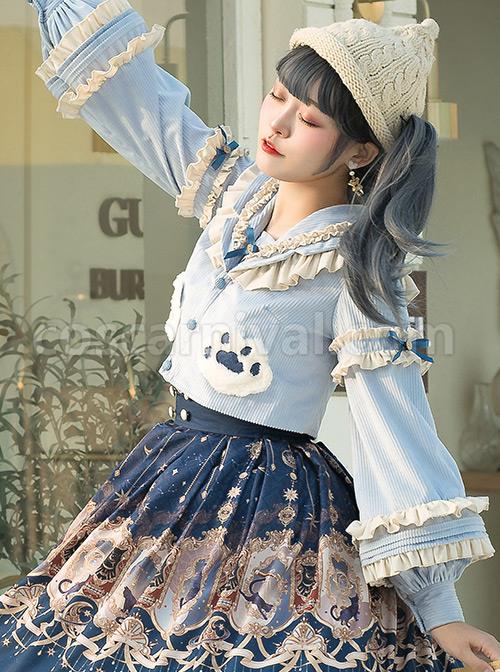 Explore The Stars Series Ruffle Blue Sweet Lolita Long Sleeve Cute Short Shirt coscarnival