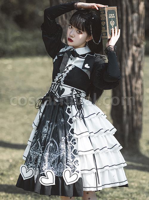 Eye Of Red Heart Series OP Retro Stitching Gothic Lolita Long Sleeve Dress coscarnival