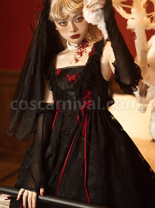 Floating Moon Dark Night Series JSK Dark Night Black Organza Gothic Lolita Sling Dress coscarnival