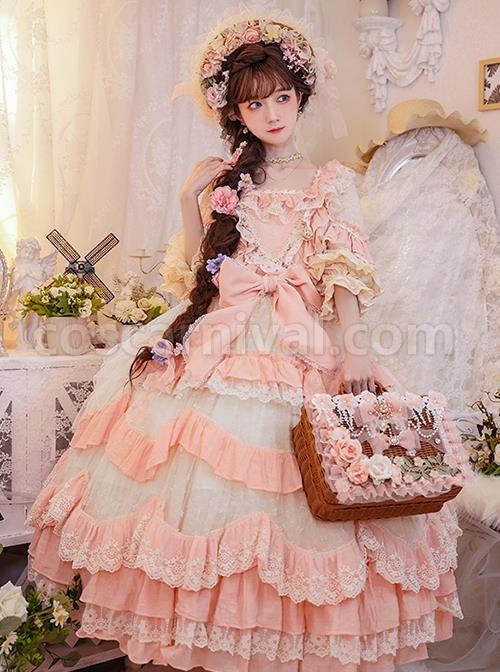 Flower-Garden-Series-OP-Pink-Pastoral-Retro-Girl-Style-Delicate-Lace-Jacquard-Trim-Bow-Knot-Classic-Lolita-Short-Sleeve-Dress-coscarnival-2805