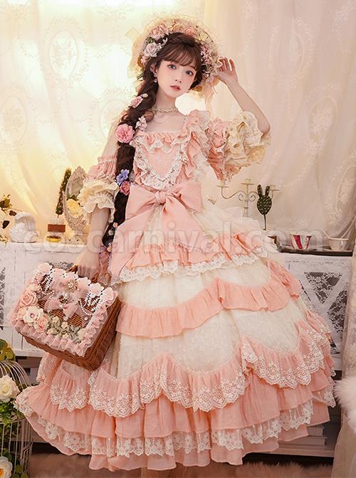 Flower-Garden-Series-OP-Pink-Pastoral-Retro-Girl-Style-Delicate-Lace-Jacquard-Trim-Bow-Knot-Classic-Lolita-Short-Sleeve-Dress-coscarnival-2817