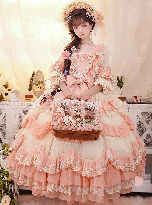 Flower-Garden-Series-OP-Pink-Pastoral-Retro-Girl-Style-Delicate-Lace-Jacquard-Trim-Bow-Knot-Classic-Lolita-Short-Sleeve-Dress-coscarnival-2823