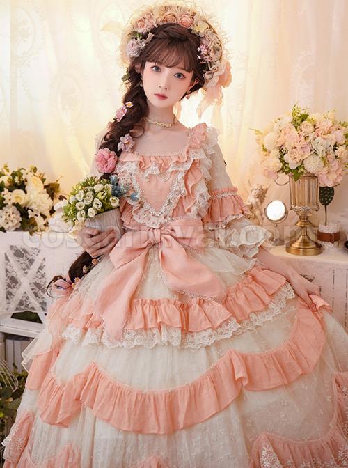 Flower-Garden-Series-OP-Pink-Pastoral-Retro-Girl-Style-Delicate-Lace-Jacquard-Trim-Bow-Knot-Classic-Lolita-Short-Sleeve-Dress-coscarnival-2830