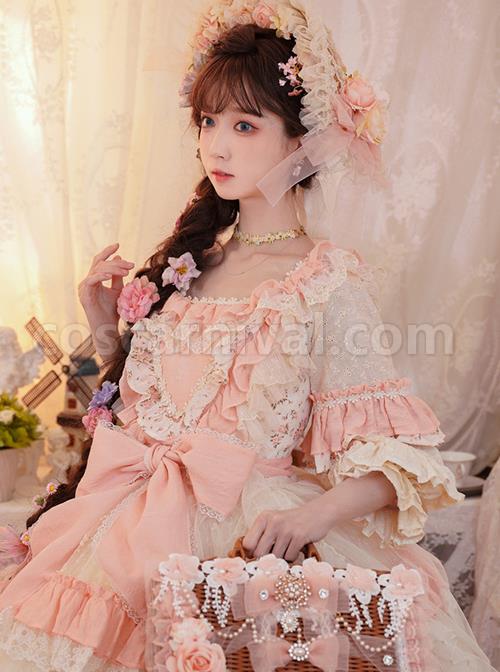 Flower-Garden-Series-OP-Pink-Pastoral-Retro-Girl-Style-Delicate-Lace-Jacquard-Trim-Bow-Knot-Classic-Lolita-Short-Sleeve-Dress-coscarnival-2838