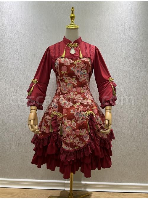 Flying-Flower-Command-Series-OP-Chinese-Style-Elegant-Printing-Tassel-Disc-Buckle-Hem-Folds-Classic-Lolita-Long-Sleeve-Dress-coscarnival-2777