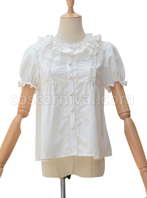 Fog Island Listening Wind Series Sweet Lolita White Cotton Short Sleeve Shirt coscarnival