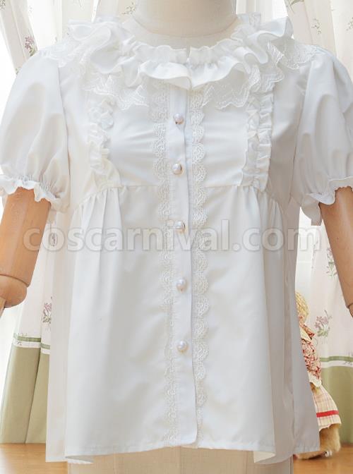 Fog Island Listening Wind Series Sweet Lolita White Cotton Short Sleeve Shirt coscarnival