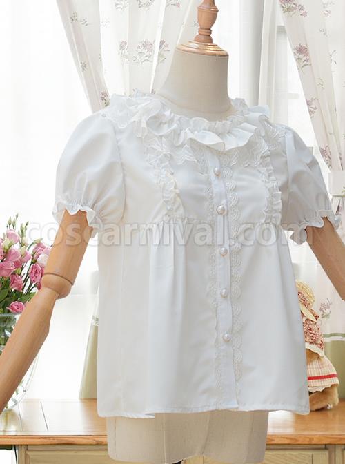 Fog Island Listening Wind Series Sweet Lolita White Cotton Short Sleeve Shirt coscarnival