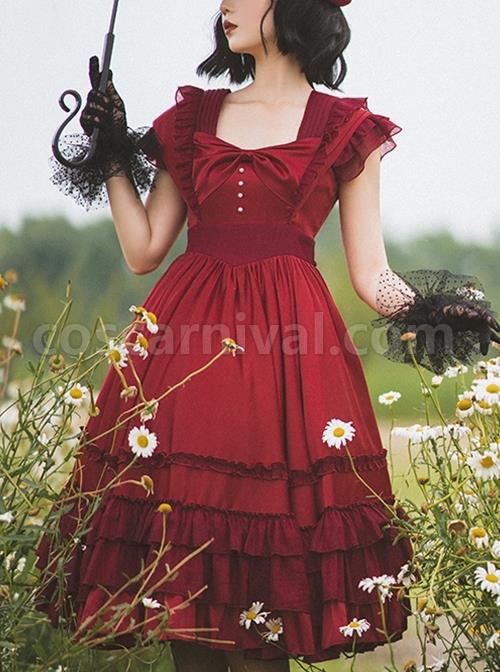 French-Court-Elegant-Solid-Color-Square-Neck-Bow-Ruffled-Large-Skirt-Hem-Chiffon-Classic-Lolita-Short-Sleeved-Dress-coscarnival-2746