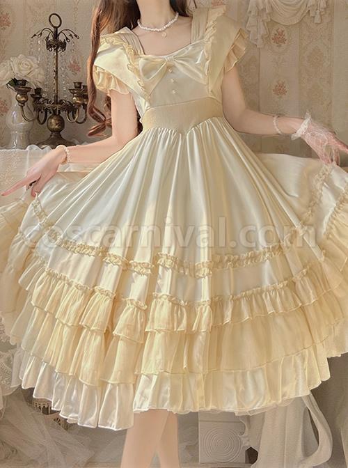 French-Court-Elegant-Solid-Color-Square-Neck-Bow-Ruffled-Large-Skirt-Hem-Chiffon-Classic-Lolita-Short-Sleeved-Dress-coscarnival-2756